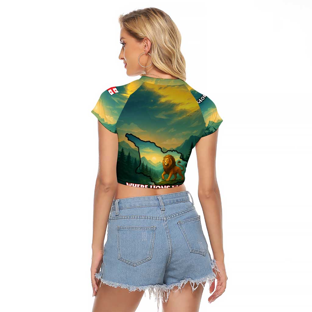 Georgia Raglan Cropped T Shirt with Green Mountain Landscape with Map Outline Lion and Legends Rise Quote Design - Wonder Print Shop