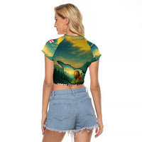 Georgia Raglan Cropped T Shirt with Green Mountain Landscape with Map Outline Lion and Legends Rise Quote Design - Wonder Print Shop