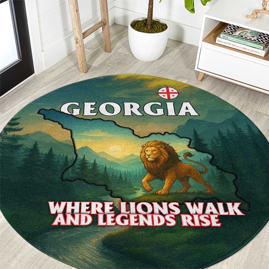 Georgia Round Carpet with Green Mountain Landscape with Map Outline Lion and Legends Rise Quote Design - Wonder Print Shop