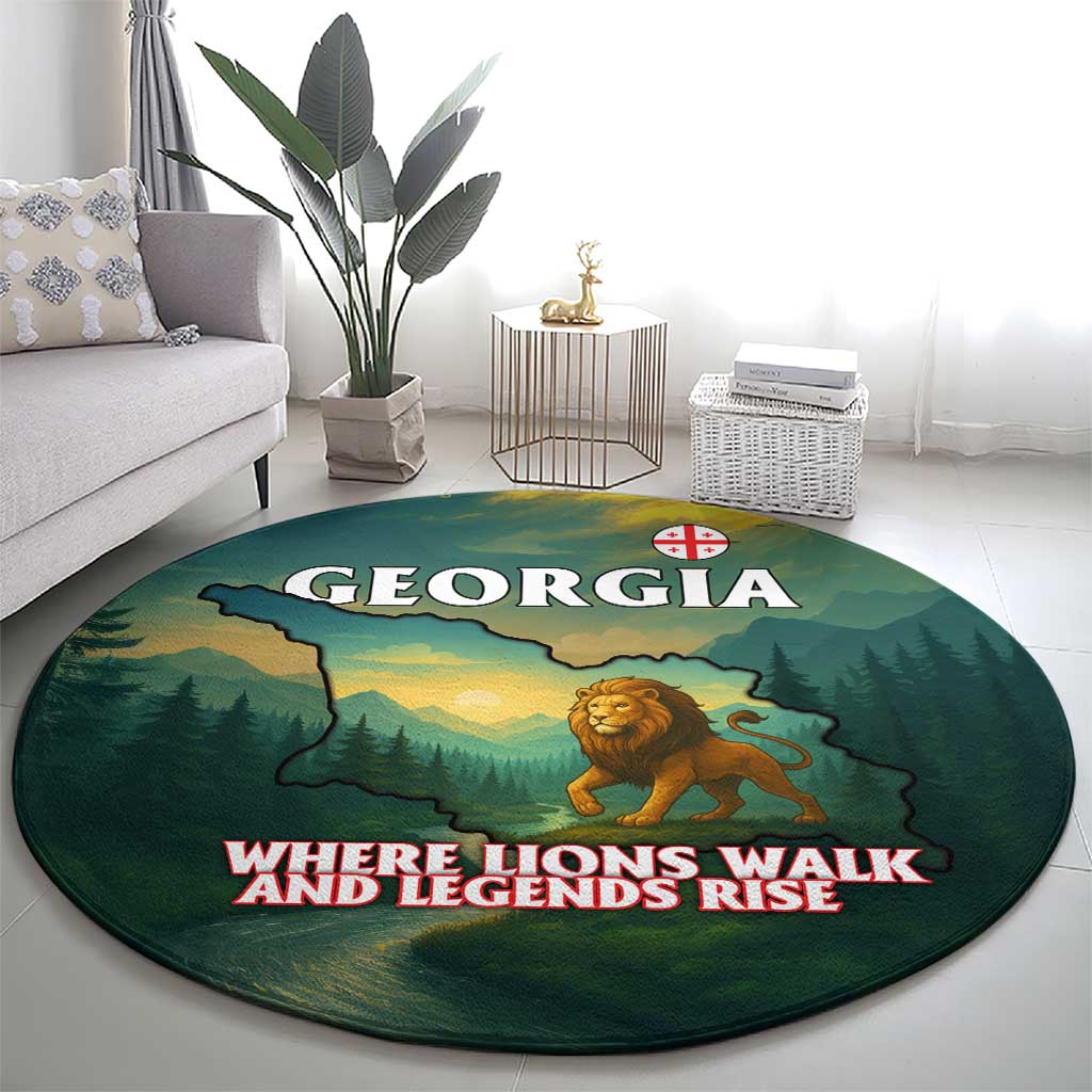 Georgia Round Carpet with Green Mountain Landscape with Map Outline Lion and Legends Rise Quote Design - Wonder Print Shop