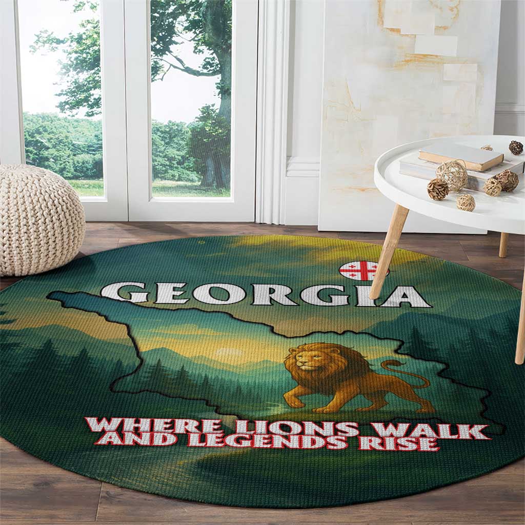Georgia Round Carpet with Green Mountain Landscape with Map Outline Lion and Legends Rise Quote Design - Wonder Print Shop