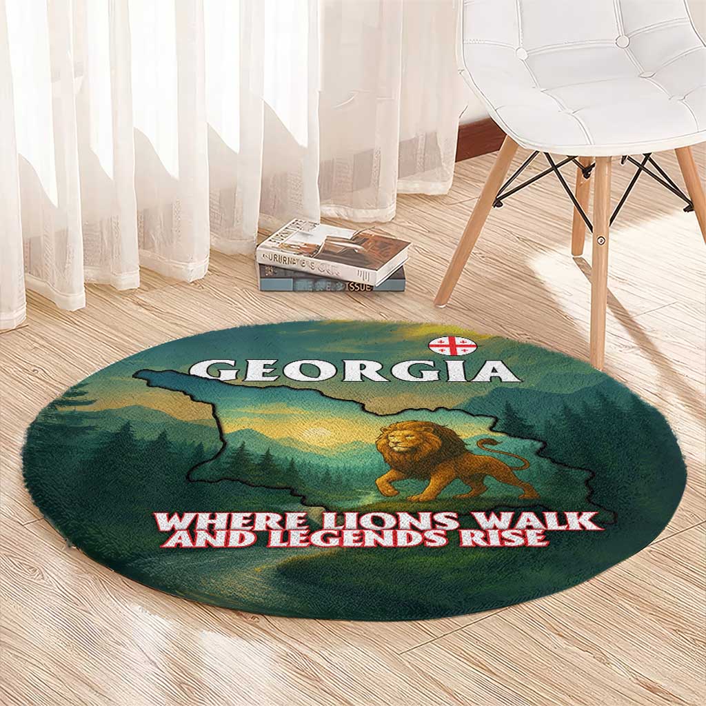 Georgia Round Carpet with Green Mountain Landscape with Map Outline Lion and Legends Rise Quote Design - Wonder Print Shop