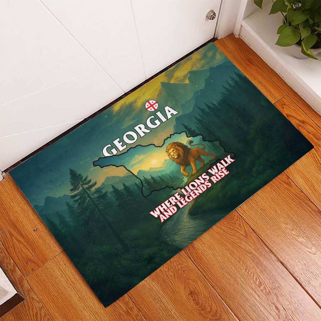 Georgia Rubber Doormat with Green Mountain Landscape with Map Outline Lion and Legends Rise Quote Design - Wonder Print Shop