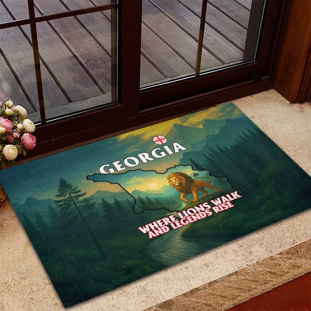 Georgia Rubber Doormat with Green Mountain Landscape with Map Outline Lion and Legends Rise Quote Design - Wonder Print Shop