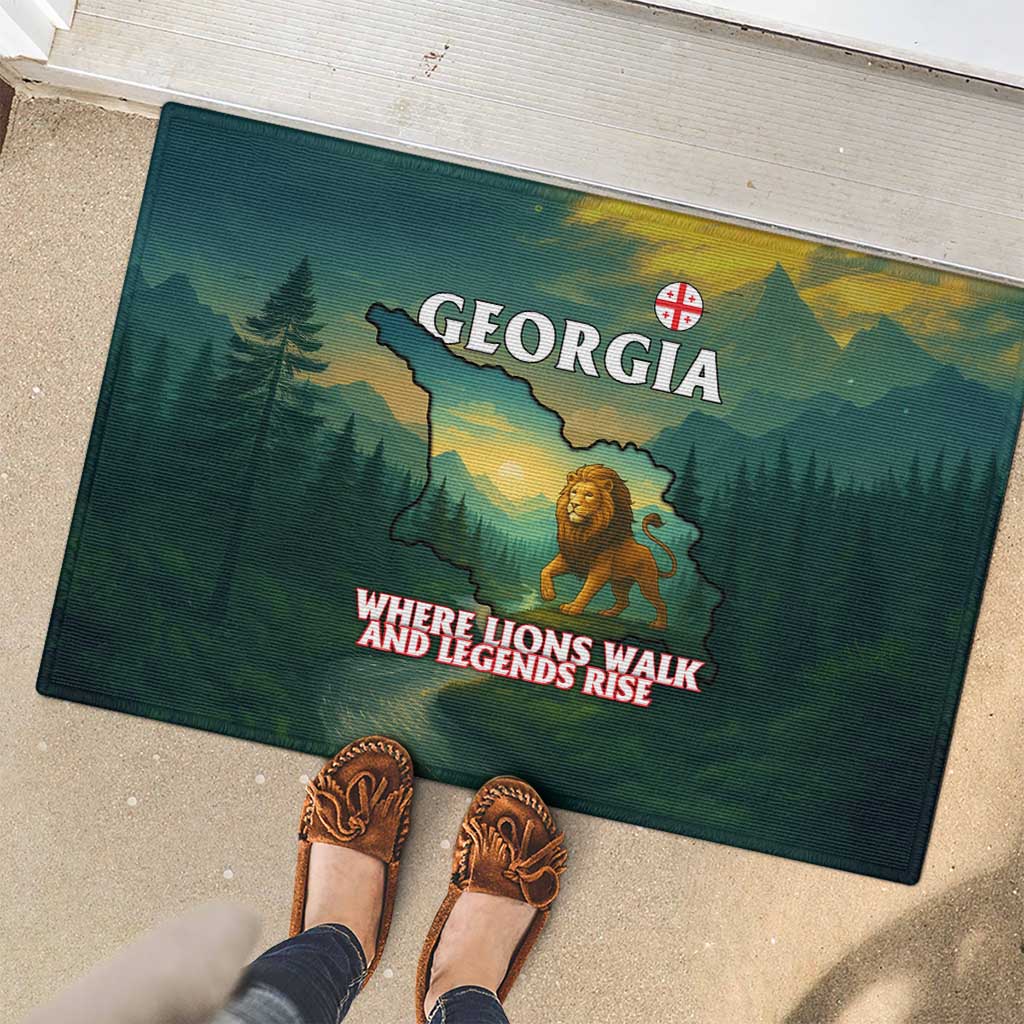 Georgia Rubber Doormat with Green Mountain Landscape with Map Outline Lion and Legends Rise Quote Design - Wonder Print Shop