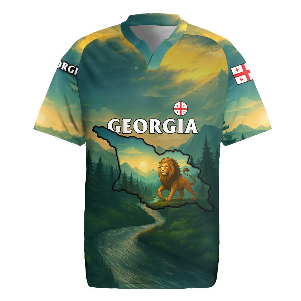 Georgia Rugby Jersey with Green Mountain Landscape with Map Outline Lion and Legends Rise Quote Design - Wonder Print Shop