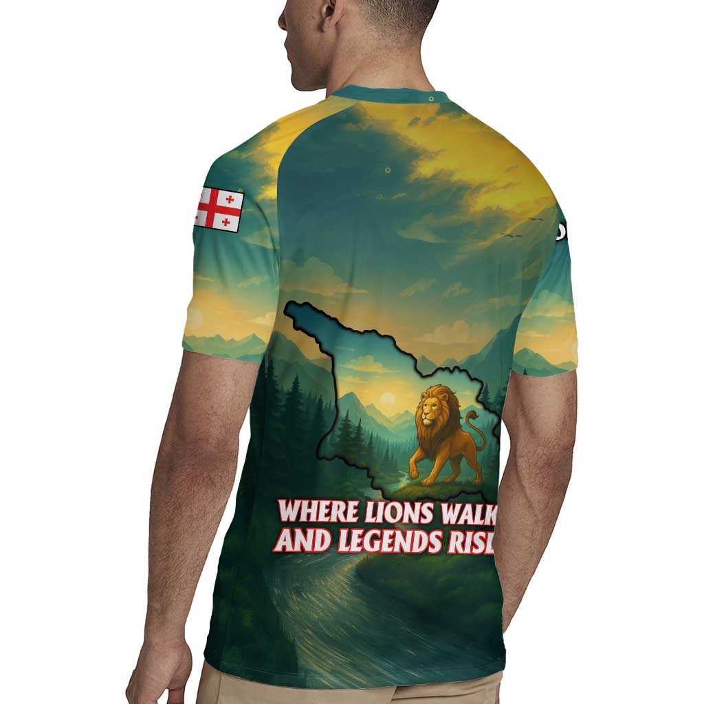 Georgia Rugby Jersey with Green Mountain Landscape with Map Outline Lion and Legends Rise Quote Design - Wonder Print Shop