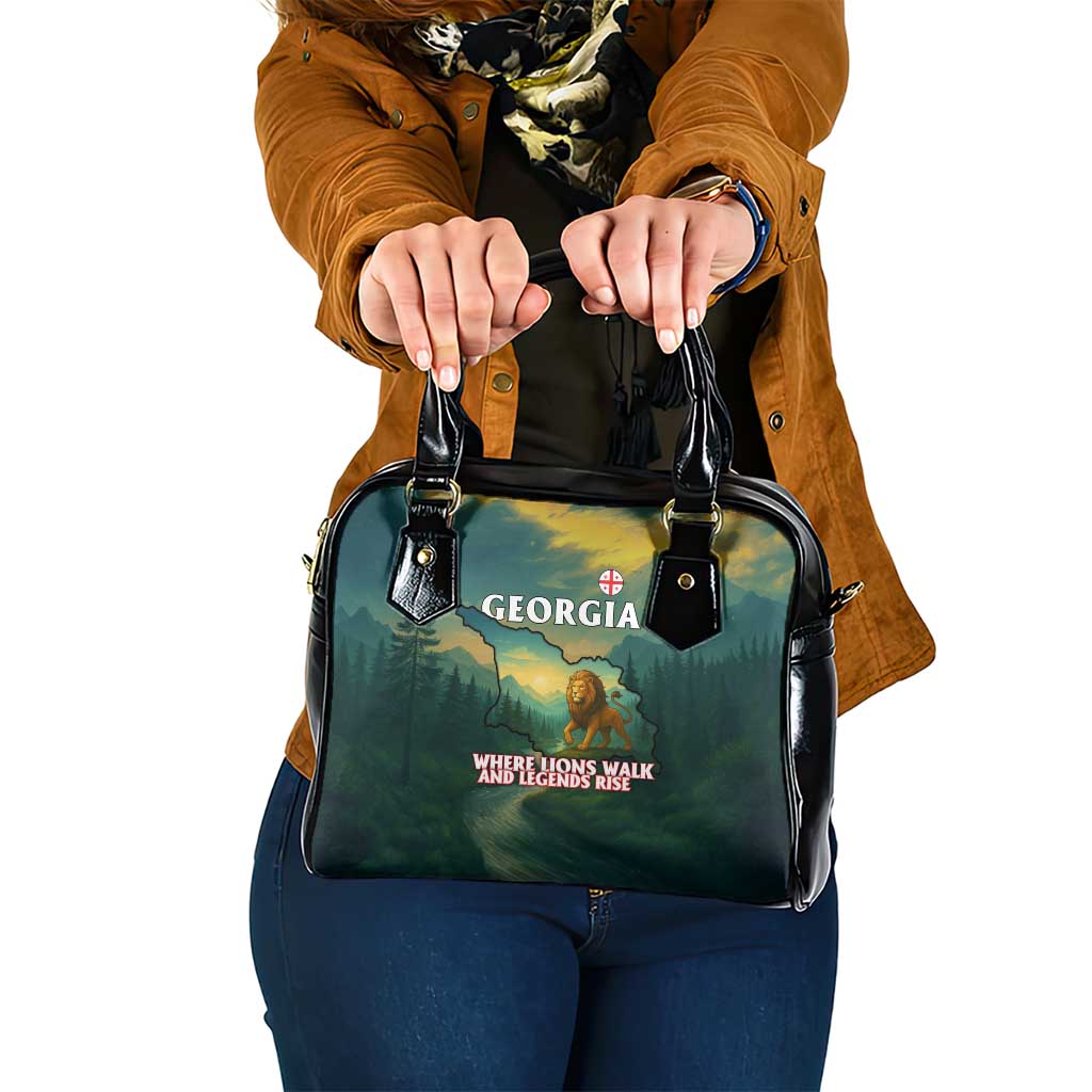 Georgia Shoulder Handbag with Green Mountain Landscape with Map Outline Lion and Legends Rise Quote Design - Wonder Print Shop