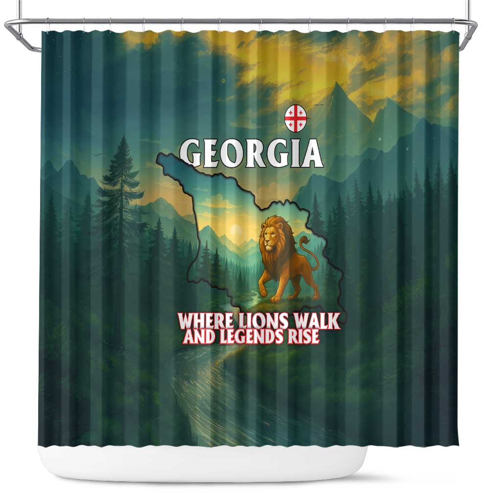 Georgia Shower Curtain with Green Mountain Landscape with Map Outline Lion and Legends Rise Quote Design - Wonder Print Shop