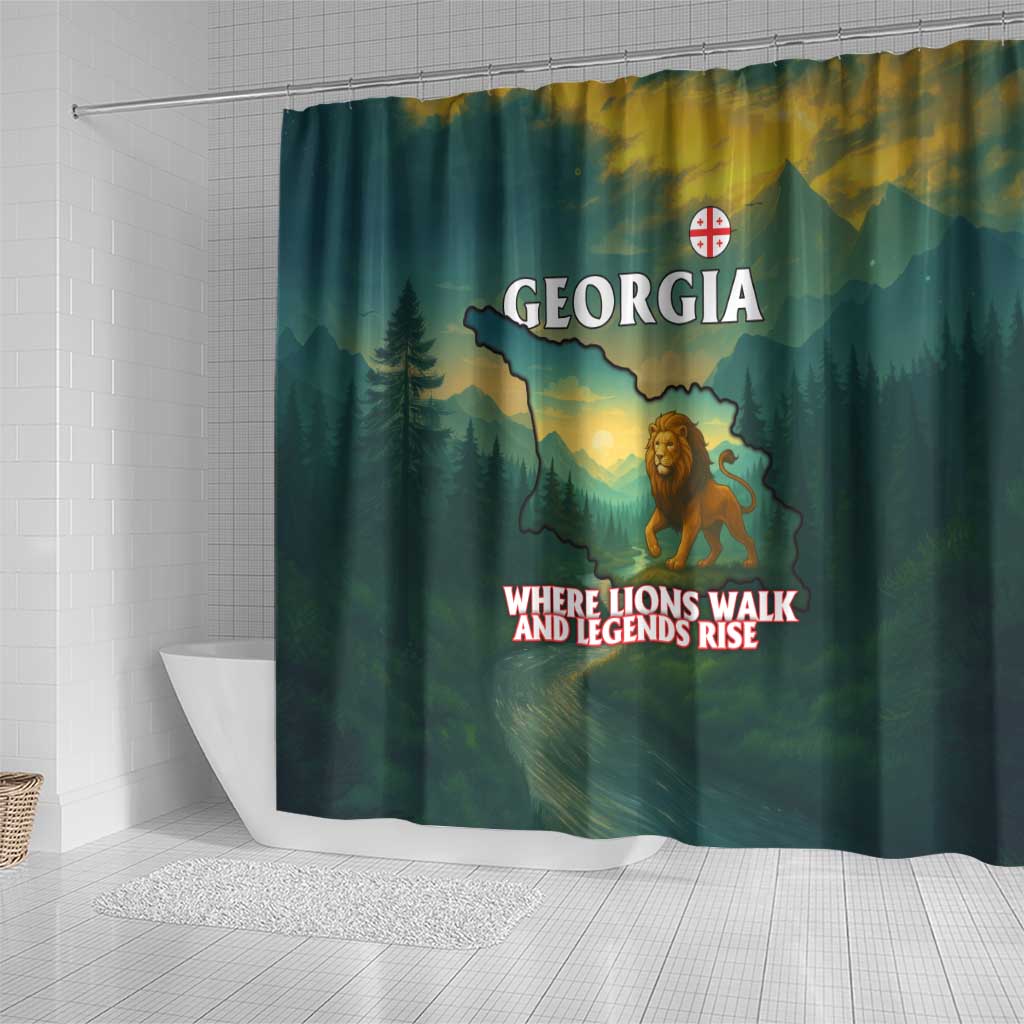 Georgia Shower Curtain with Green Mountain Landscape with Map Outline Lion and Legends Rise Quote Design - Wonder Print Shop