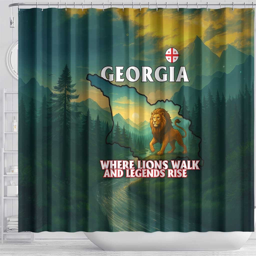 Georgia Shower Curtain with Green Mountain Landscape with Map Outline Lion and Legends Rise Quote Design - Wonder Print Shop