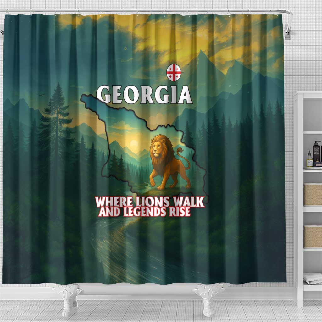 Georgia Shower Curtain with Green Mountain Landscape with Map Outline Lion and Legends Rise Quote Design - Wonder Print Shop