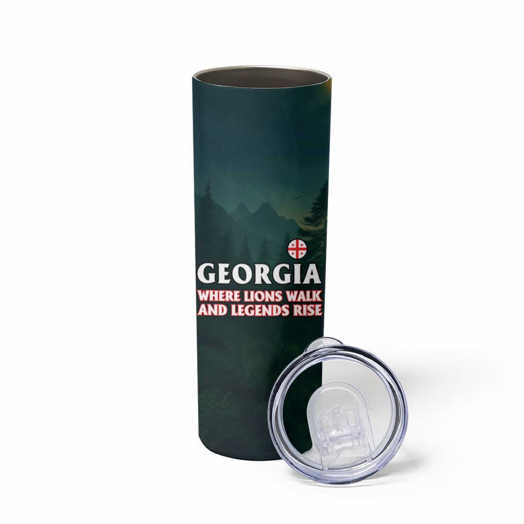 Georgia Skinny Tumbler with Green Mountain Landscape with Map Outline Lion and Legends Rise Quote Design - Wonder Print Shop