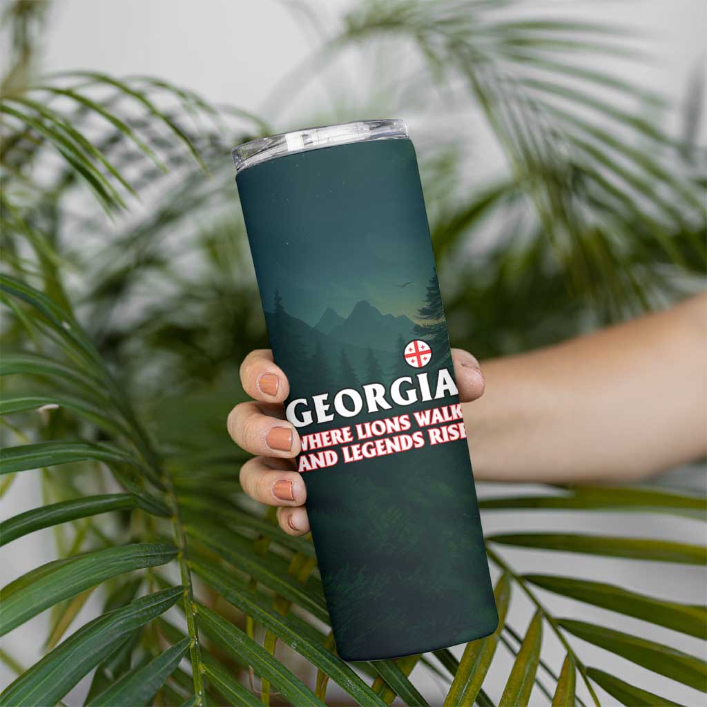 Georgia Skinny Tumbler with Green Mountain Landscape with Map Outline Lion and Legends Rise Quote Design - Wonder Print Shop