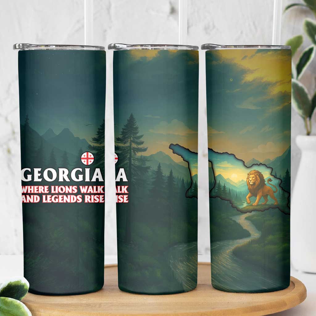 Georgia Skinny Tumbler with Green Mountain Landscape with Map Outline Lion and Legends Rise Quote Design - Wonder Print Shop