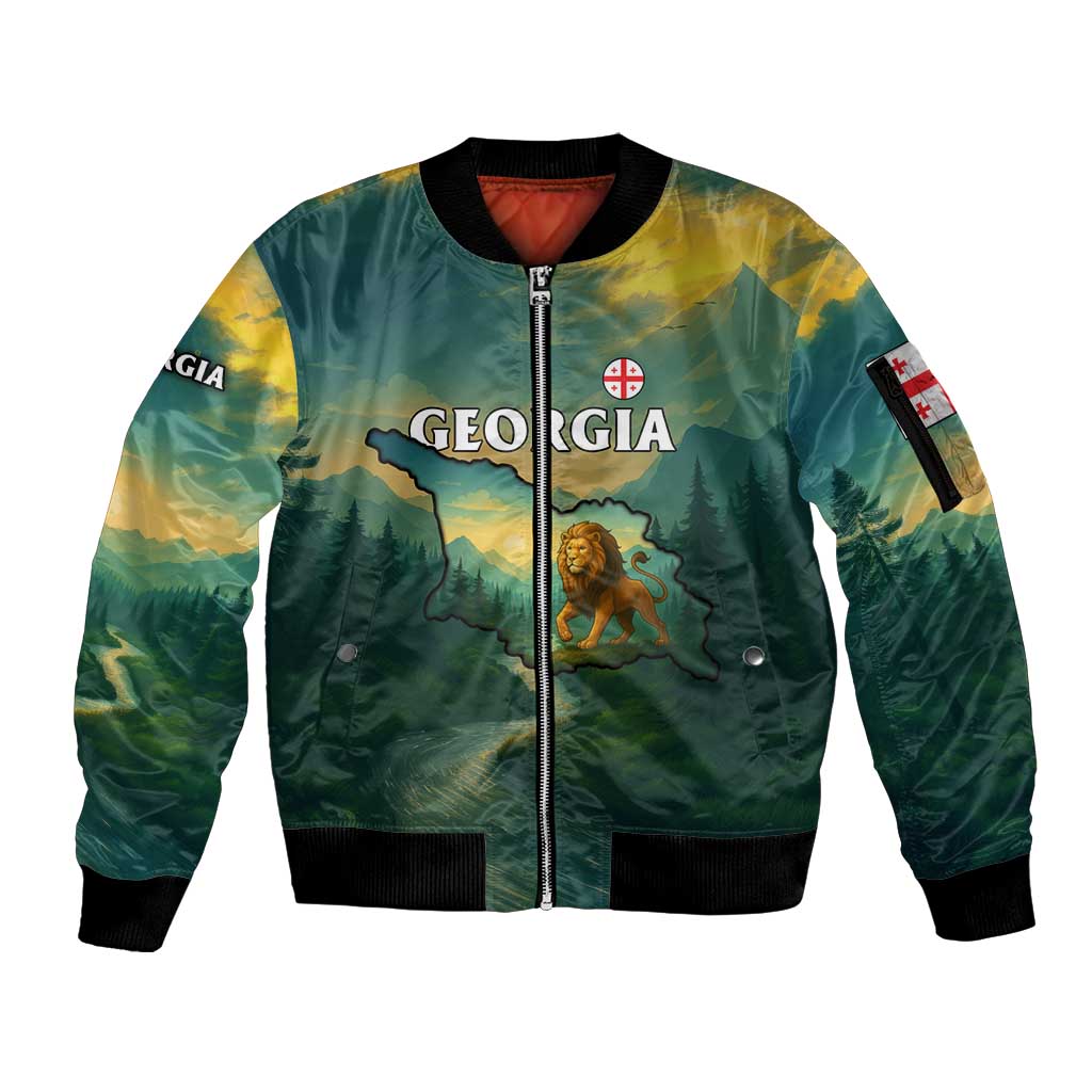 Georgia Sleeve Zip Bomber Jacket with Green Mountain Landscape with Map Outline Lion and Legends Rise Quote Design - Wonder Print Shop