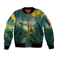 Georgia Sleeve Zip Bomber Jacket with Green Mountain Landscape with Map Outline Lion and Legends Rise Quote Design - Wonder Print Shop