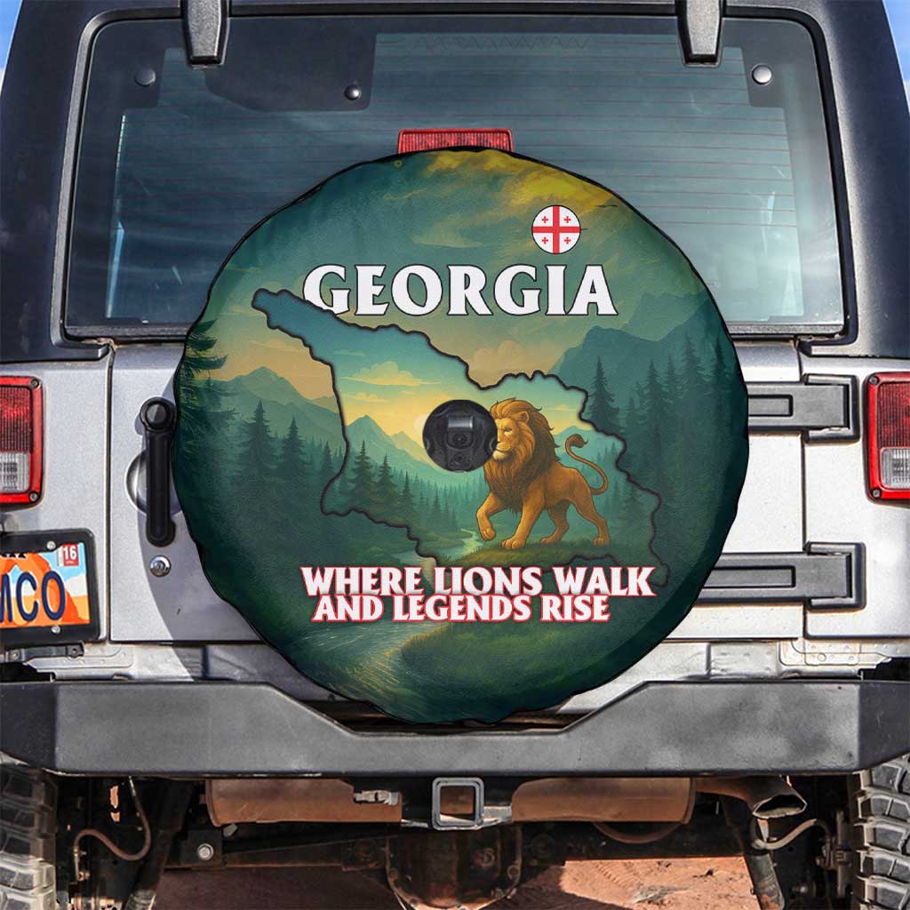 Georgia Spare Tire Cover with Green Mountain Landscape with Map Outline Lion and Legends Rise Quote Design - Wonder Print Shop