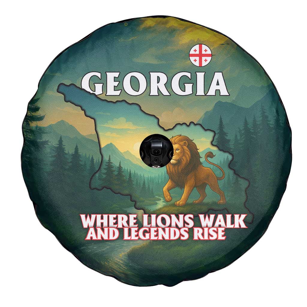 Georgia Spare Tire Cover with Green Mountain Landscape with Map Outline Lion and Legends Rise Quote Design - Wonder Print Shop