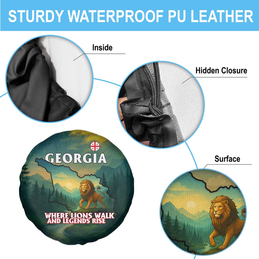 Georgia Spare Tire Cover with Green Mountain Landscape with Map Outline Lion and Legends Rise Quote Design - Wonder Print Shop