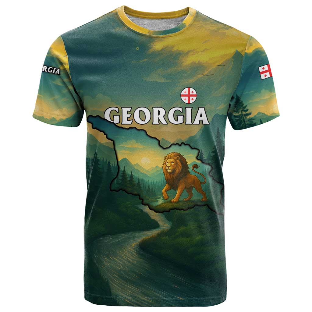 Georgia T Shirt with Green Mountain Landscape with Map Outline Lion and Legends Rise Quote Design - Wonder Print Shop