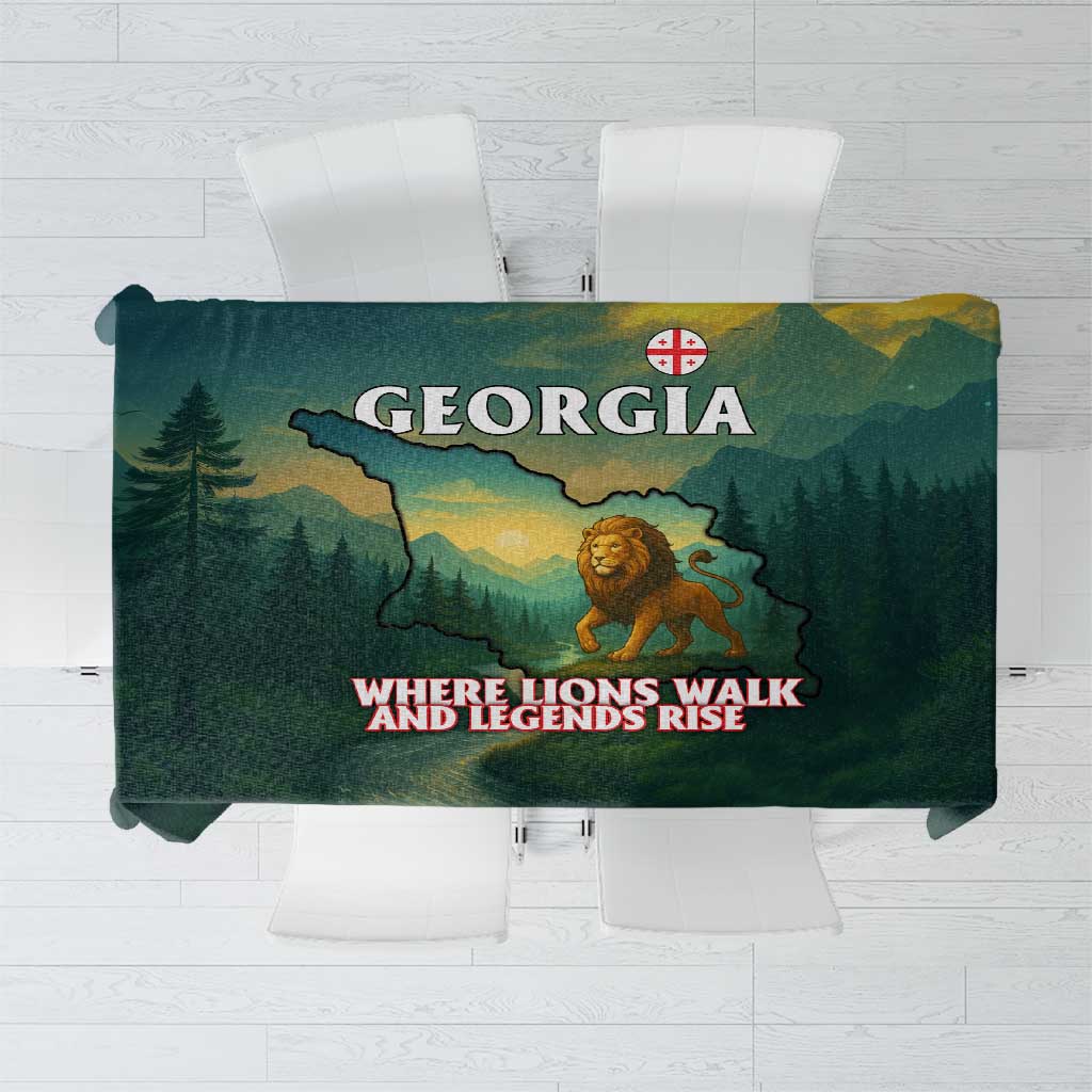 Georgia Tablecloth with Green Mountain Landscape with Map Outline Lion and Legends Rise Quote Design - Wonder Print Shop