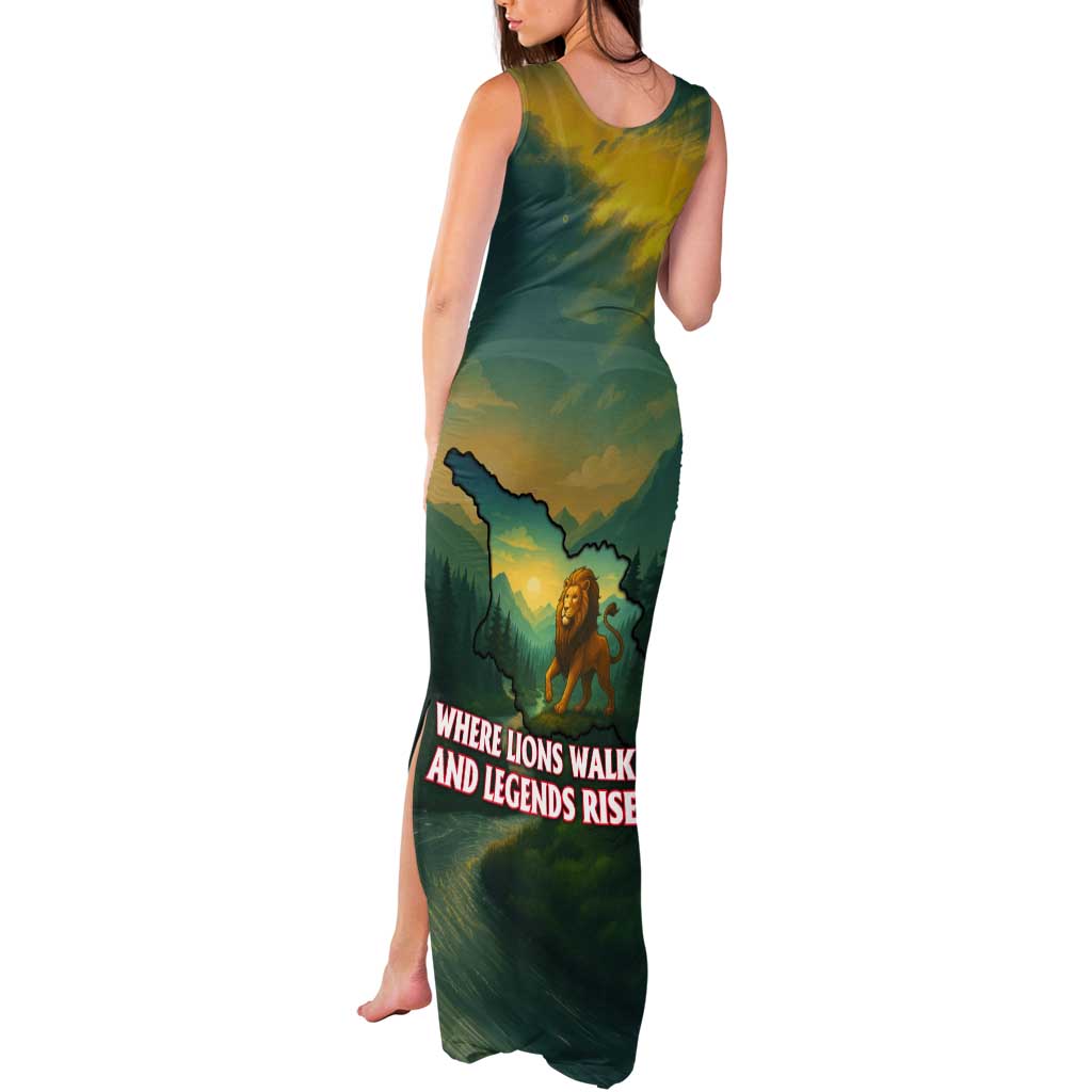 Georgia Tank Maxi Dress with Green Mountain Landscape with Map Outline Lion and Legends Rise Quote Design - Wonder Print Shop