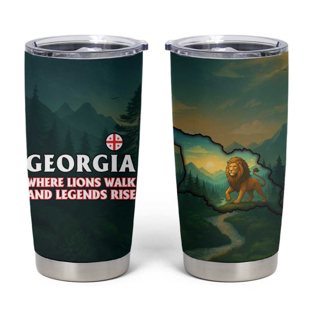 Georgia Tumbler Cup with Green Mountain Landscape with Map Outline Lion and Legends Rise Quote Design - Wonder Print Shop
