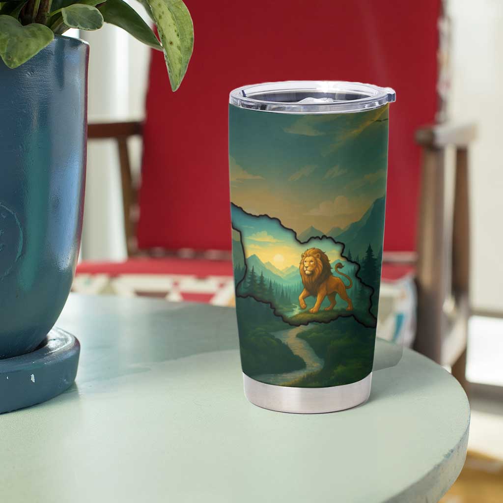 Georgia Tumbler Cup with Green Mountain Landscape with Map Outline Lion and Legends Rise Quote Design - Wonder Print Shop