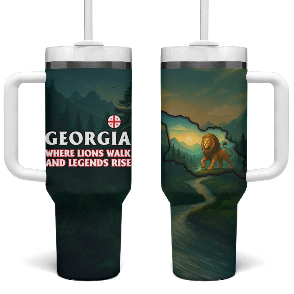 Georgia Tumbler With Handle with Green Mountain Landscape with Map Outline Lion and Legends Rise Quote Design - Wonder Print Shop