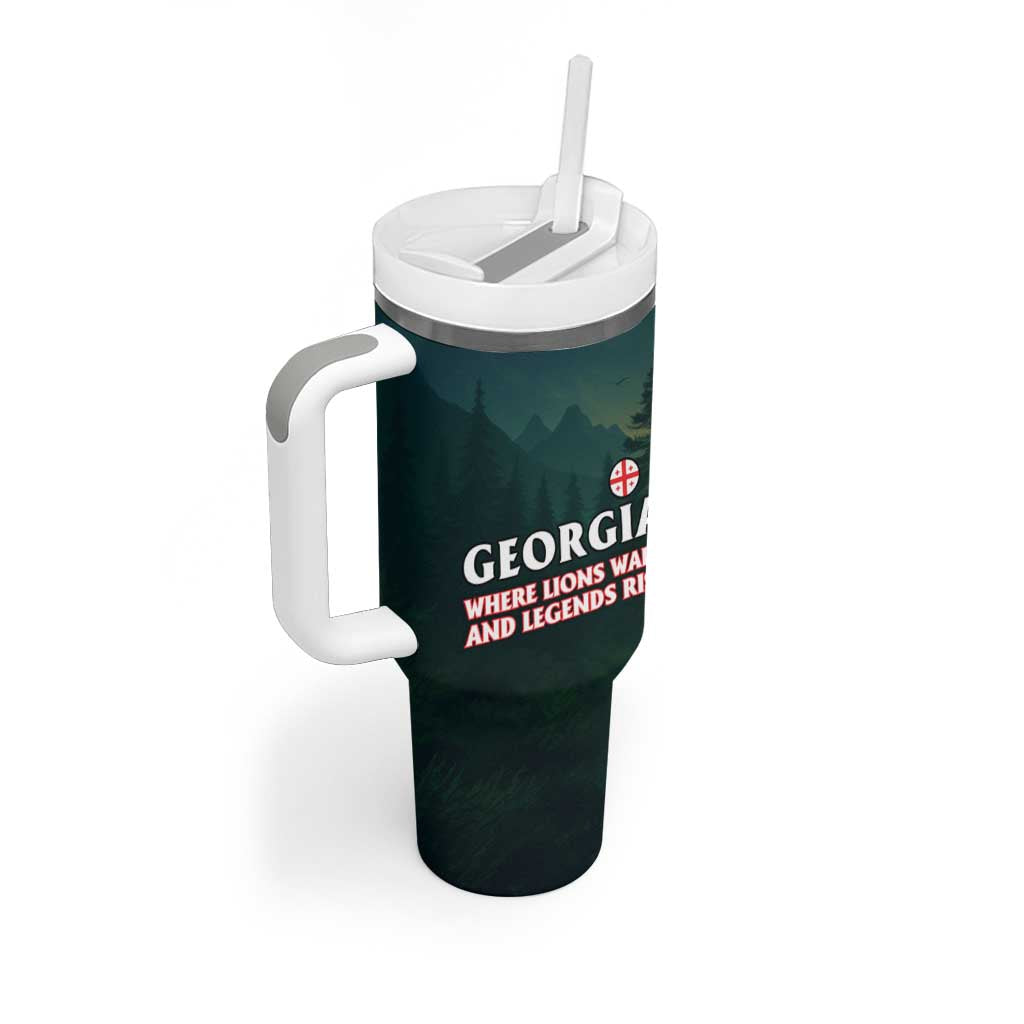 Georgia Tumbler With Handle with Green Mountain Landscape with Map Outline Lion and Legends Rise Quote Design - Wonder Print Shop