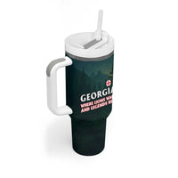 Georgia Tumbler With Handle with Green Mountain Landscape with Map Outline Lion and Legends Rise Quote Design - Wonder Print Shop