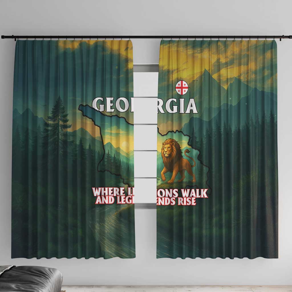 Georgia Window Curtain with Green Mountain Landscape with Map Outline Lion and Legends Rise Quote Design - Wonder Print Shop
