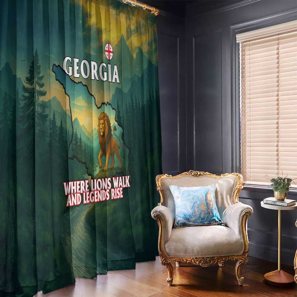 Georgia Window Curtain with Green Mountain Landscape with Map Outline Lion and Legends Rise Quote Design - Wonder Print Shop