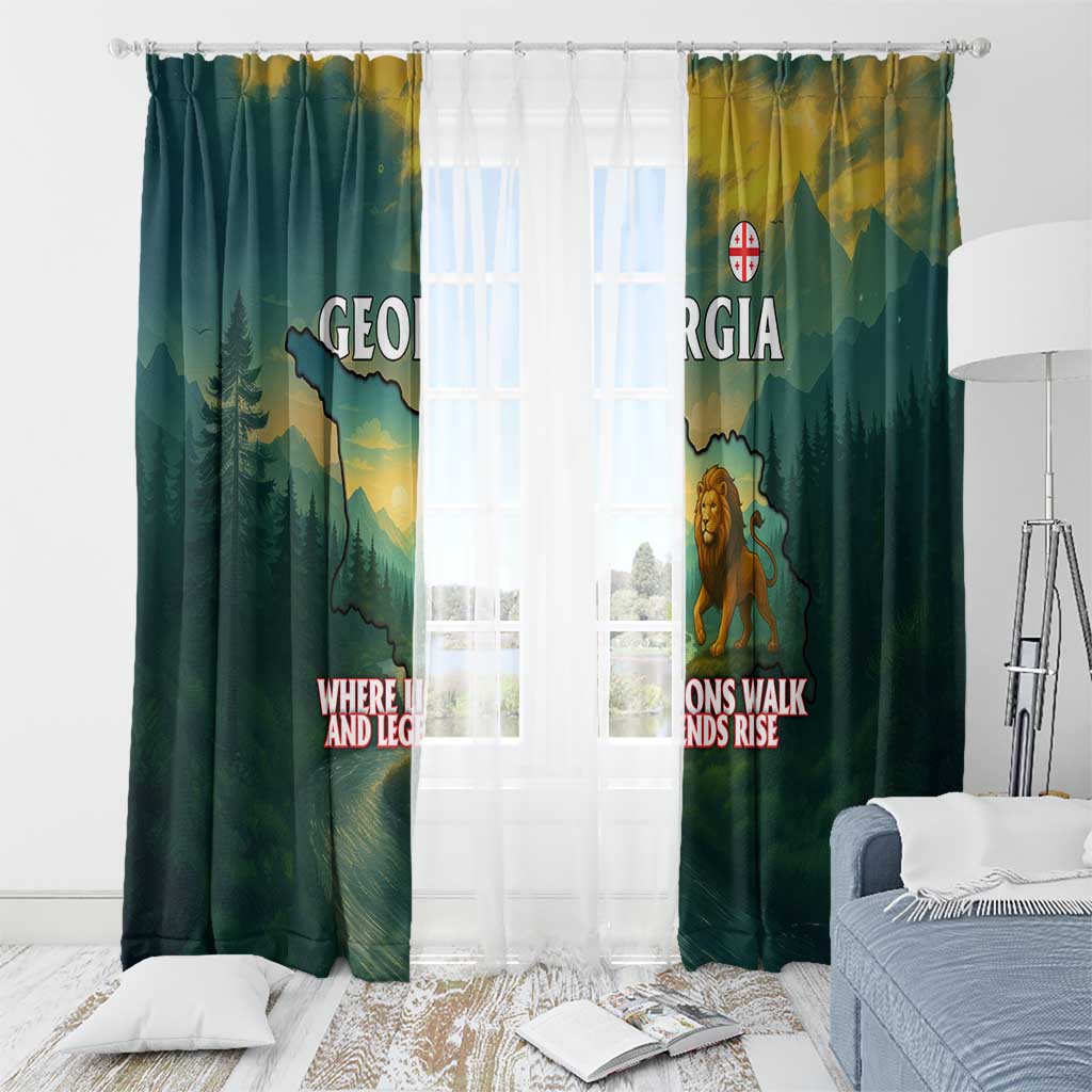Georgia Window Curtain with Green Mountain Landscape with Map Outline Lion and Legends Rise Quote Design - Wonder Print Shop