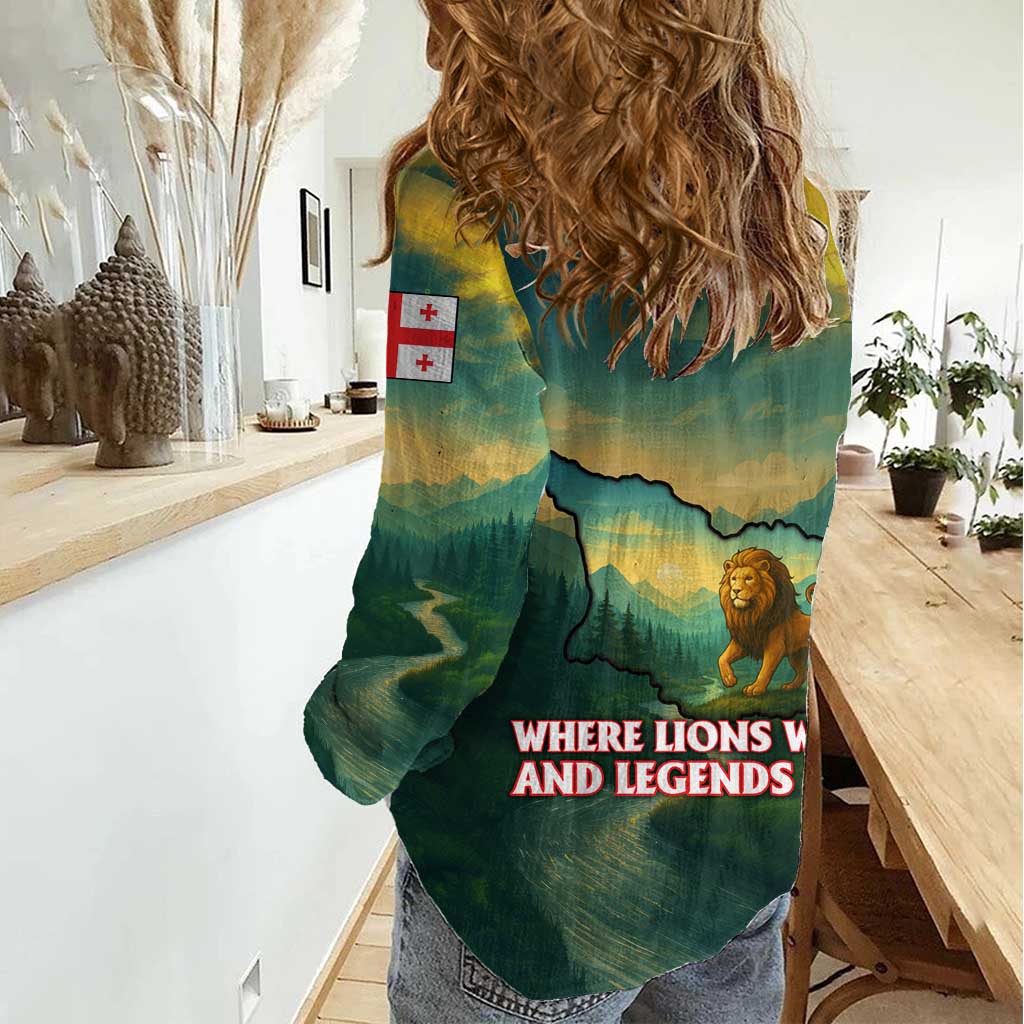 Georgia Women Casual Shirt with Green Mountain Landscape with Map Outline Lion and Legends Rise Quote Design - Wonder Print Shop