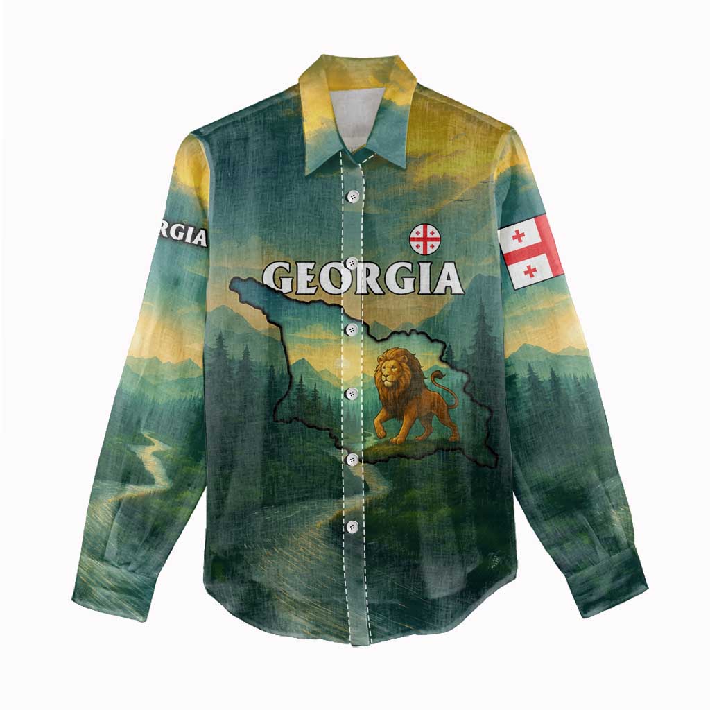 Georgia Women Casual Shirt with Green Mountain Landscape with Map Outline Lion and Legends Rise Quote Design - Wonder Print Shop