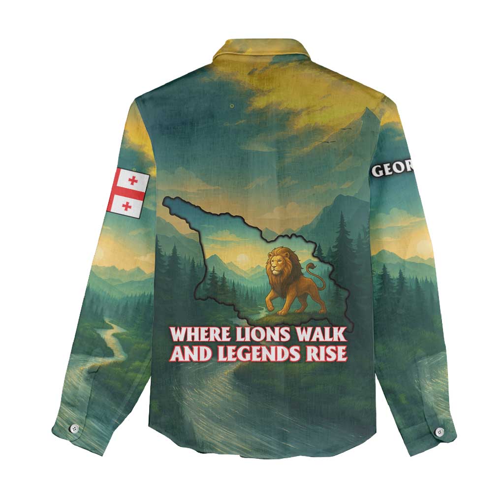 Georgia Women Casual Shirt with Green Mountain Landscape with Map Outline Lion and Legends Rise Quote Design - Wonder Print Shop