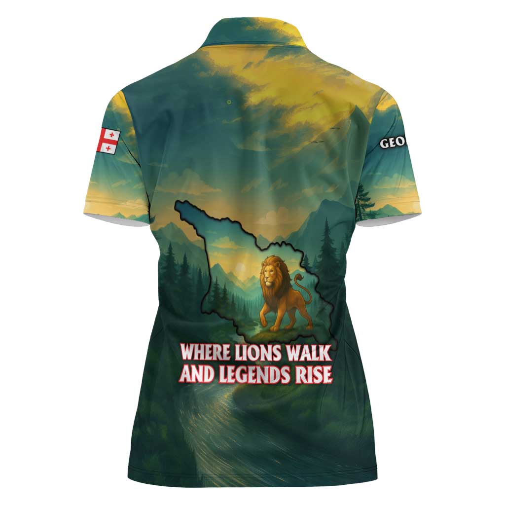 Georgia Women Polo Shirt with Green Mountain Landscape with Map Outline Lion and Legends Rise Quote Design - Wonder Print Shop