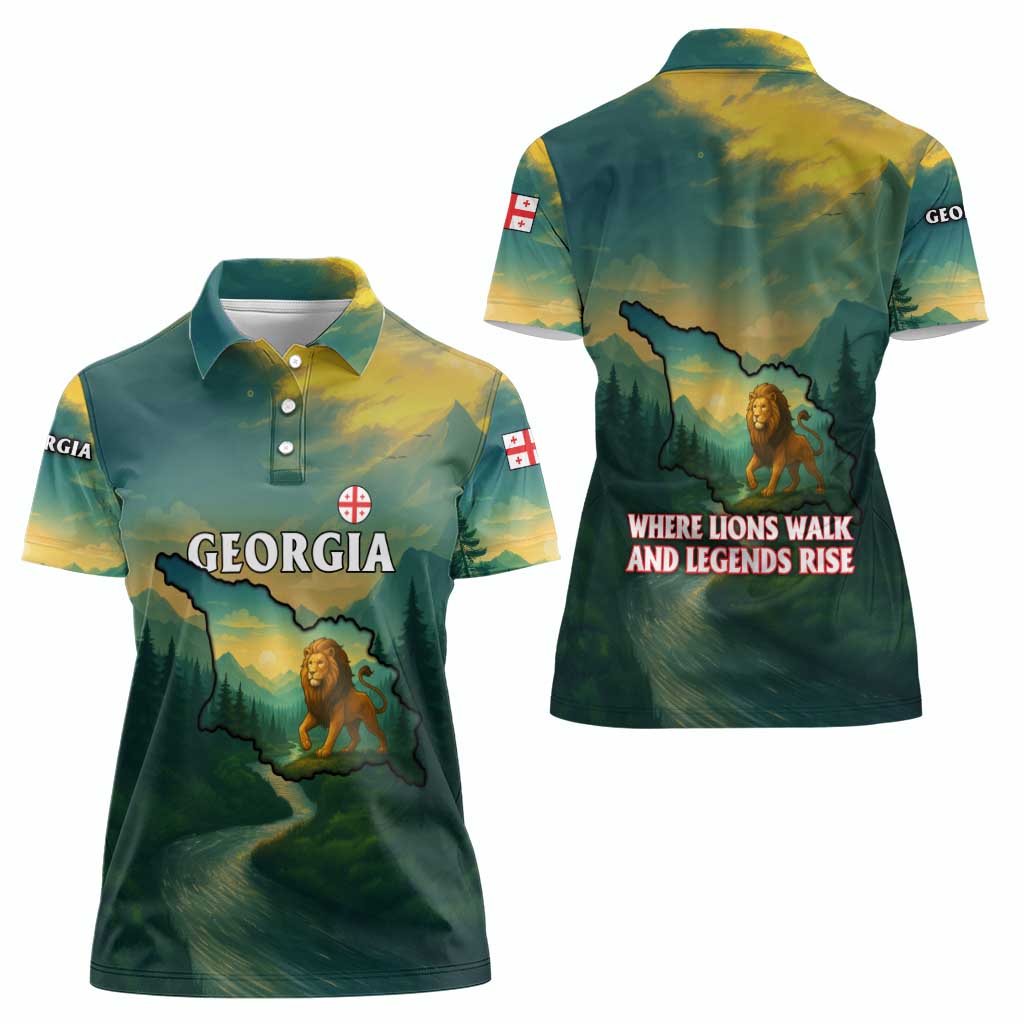 Georgia Women Polo Shirt with Green Mountain Landscape with Map Outline Lion and Legends Rise Quote Design - Wonder Print Shop