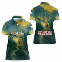 Georgia Women Polo Shirt with Green Mountain Landscape with Map Outline Lion and Legends Rise Quote Design - Wonder Print Shop