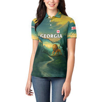 Georgia Women Polo Shirt with Green Mountain Landscape with Map Outline Lion and Legends Rise Quote Design - Wonder Print Shop