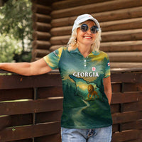 Georgia Women Polo Shirt with Green Mountain Landscape with Map Outline Lion and Legends Rise Quote Design - Wonder Print Shop