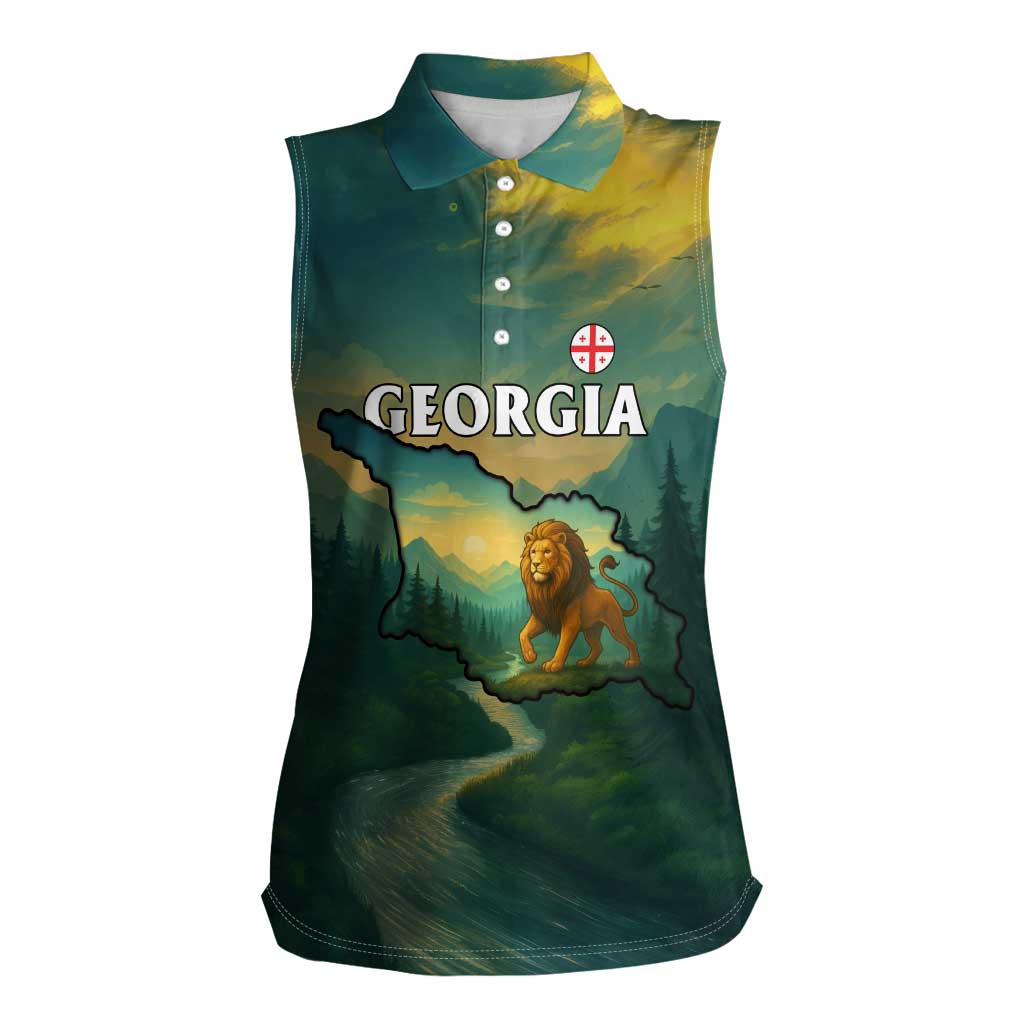 Georgia Women Sleeveless Polo Shirt with Green Mountain Landscape with Map Outline Lion and Legends Rise Quote Design - Wonder Print Shop