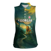Georgia Women Sleeveless Polo Shirt with Green Mountain Landscape with Map Outline Lion and Legends Rise Quote Design - Wonder Print Shop
