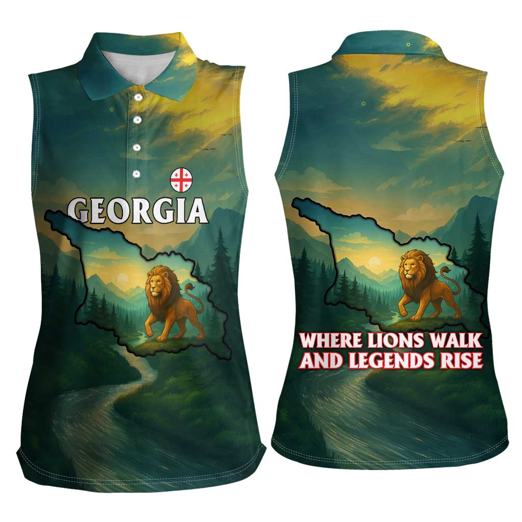 Georgia Women Sleeveless Polo Shirt with Green Mountain Landscape with Map Outline Lion and Legends Rise Quote Design - Wonder Print Shop