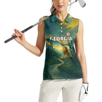Georgia Women Sleeveless Polo Shirt with Green Mountain Landscape with Map Outline Lion and Legends Rise Quote Design - Wonder Print Shop