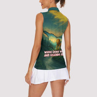 Georgia Women Sleeveless Polo Shirt with Green Mountain Landscape with Map Outline Lion and Legends Rise Quote Design - Wonder Print Shop