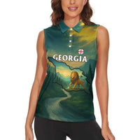 Georgia Women Sleeveless Polo Shirt with Green Mountain Landscape with Map Outline Lion and Legends Rise Quote Design - Wonder Print Shop