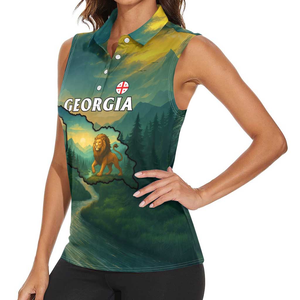 Georgia Women Sleeveless Polo Shirt with Green Mountain Landscape with Map Outline Lion and Legends Rise Quote Design - Wonder Print Shop